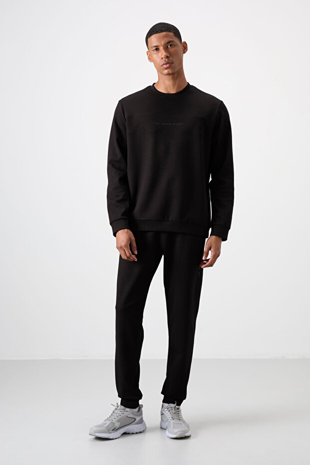 Black - Black Cotton Thick Soft Textured Comfort Fit Printed Men's Tracksuit Set - 85253