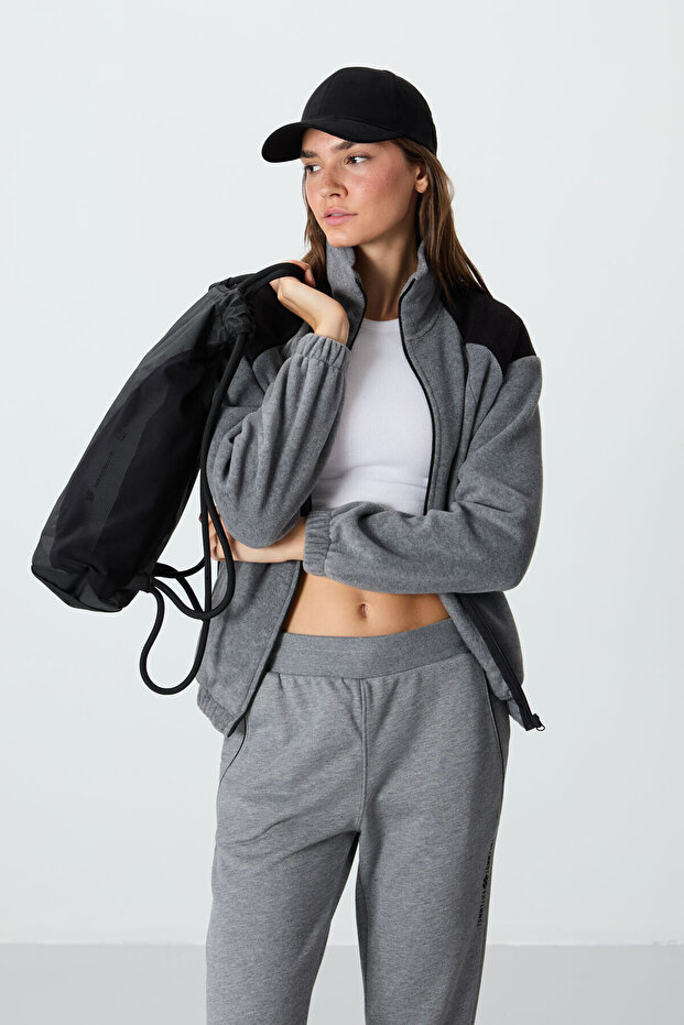Gray Melange Thick Soft Textured Stand Collar Standard Fit Embroidered Fleece Women's Sweatshirt - 97293