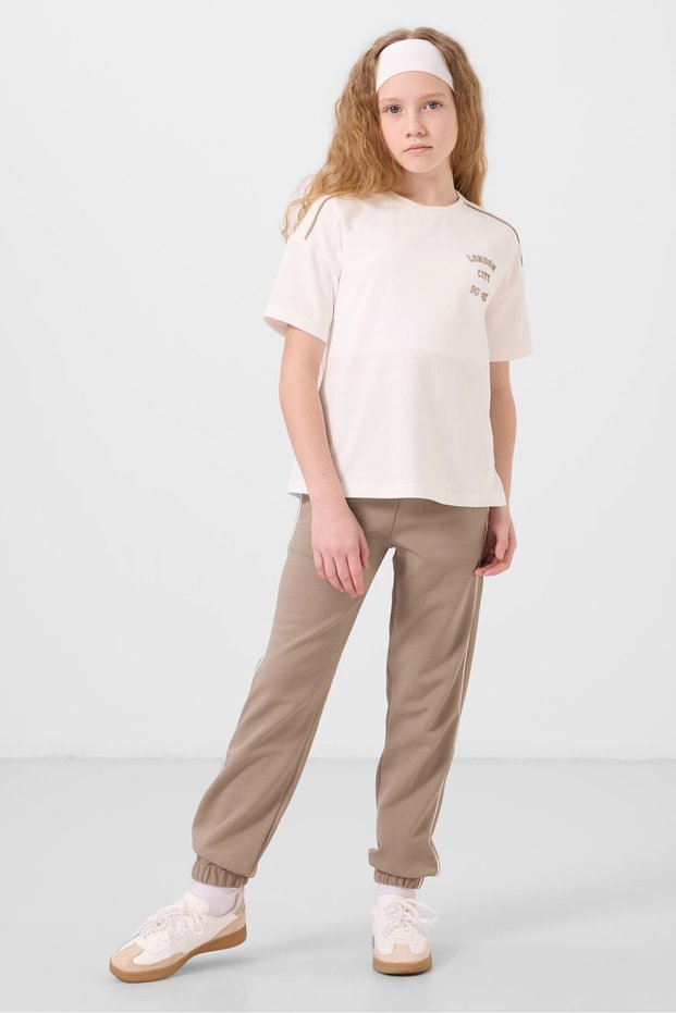 Ecru-Dark Beige O Neck Printed Rubber Leg Standard Fit Girl's Tracksuit Set - 75186