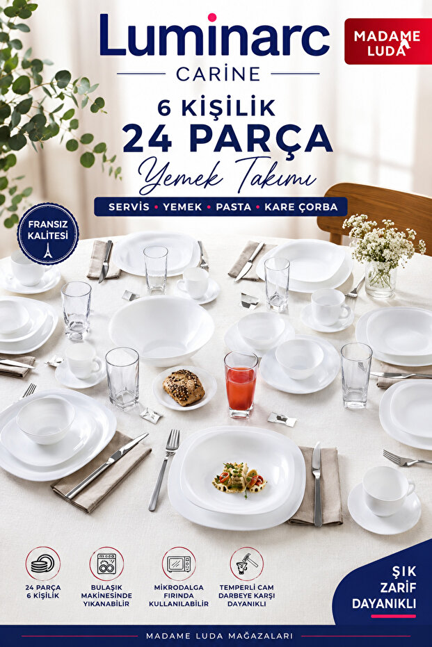 Carine Tempered White 24 Piece Dinnerware Set /27 cm Serving-21 cm Dinner-19 cm Cake-14 cm Soup Bowl