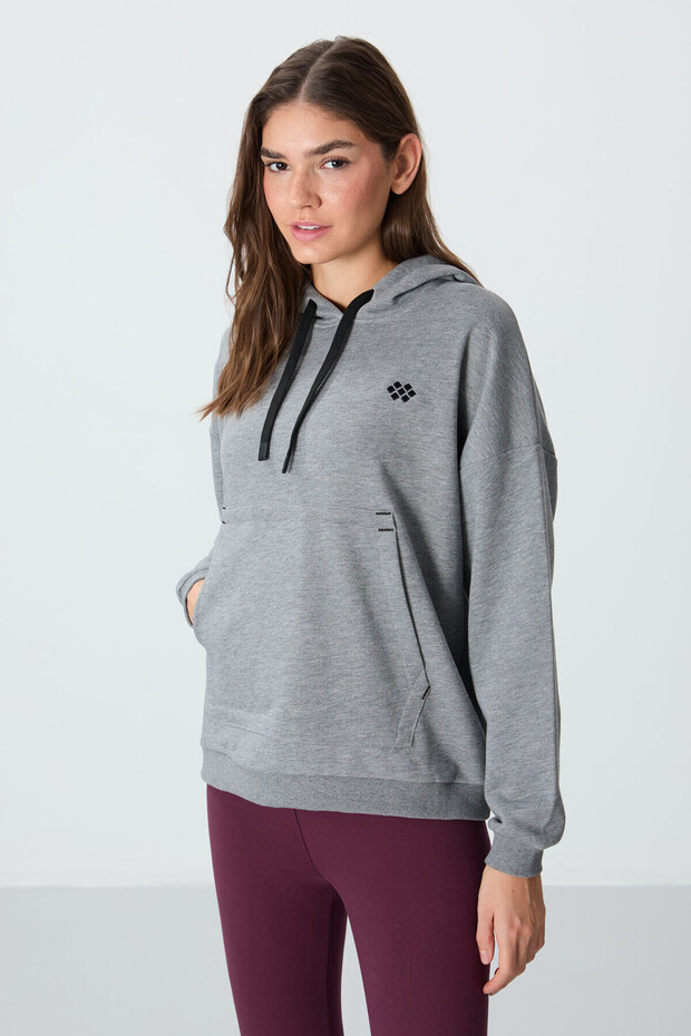 Gray Melange Compact Cotton Thick Smooth Textured Hooded Comfortable Form Fit Women's Sweatshirt - 97291