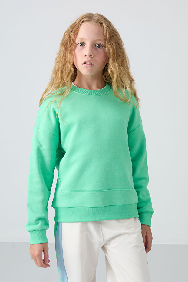 Water Green Cotton Fuzzy Inside Soft Textured Comfortable Fit Embroidered Girls' Sweatshirt - 75150