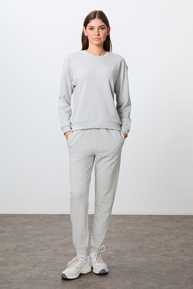 Stone Compact Cotton Thick Smooth Textured O-Neck Standard Fit Women's Tracksuit Set - 95341