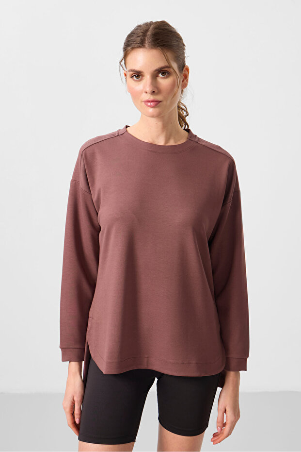 Brown Soft Textured O Neck Comfortable Form Women's Tunic Sweatshirt - 97305