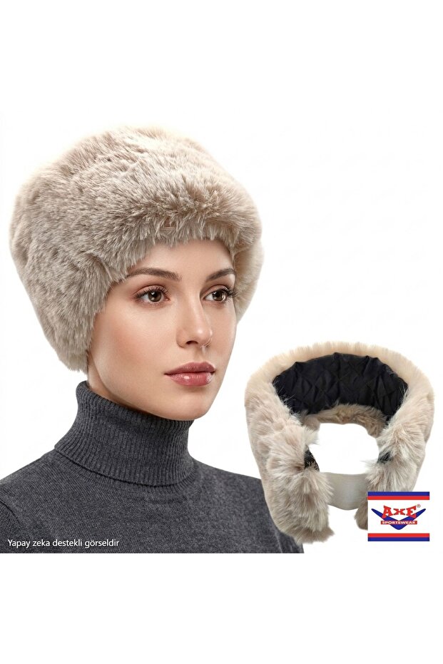 Winter Beige Faux Fur Detailed Soft Textured Plush Hip Bandana Neck Collar with Elastic Back