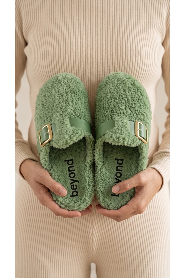 Women's Water Green Fluffy Furry House Slippers 3 cm Byndskl03