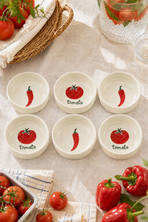 Set of 6 Tomato and Pepper Patterned Ceramic Snack Bowls 10 cm Breakfast Sauce Bowl and Jam Bowl Set