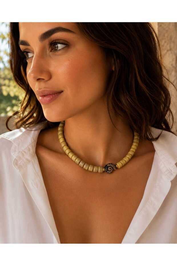 Glass Bead Necklace with Green & Beige Color Options and Snail & Star Detail