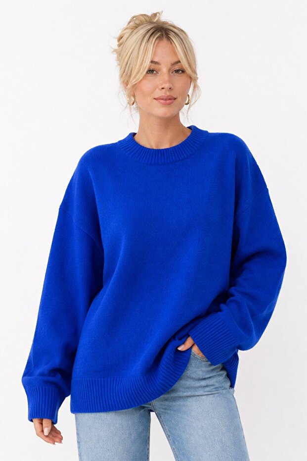 Cobalt Blue Crew Neck Oversize Women's Knit Sweater