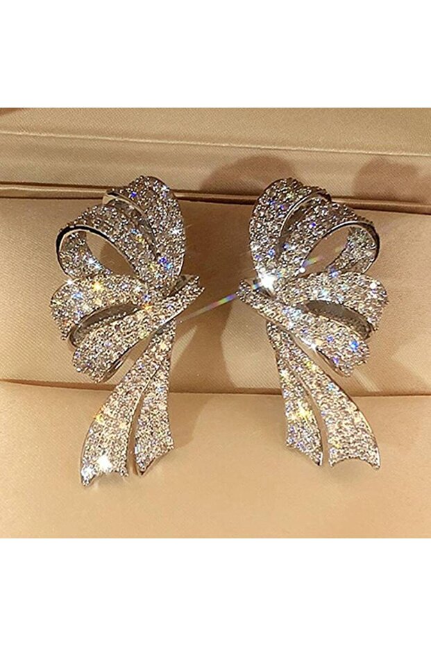 E5342 Huitan Aesthetic Women Bow Design Drop Earrings Full Shining CZ Elegant Wedding Engagement Acc