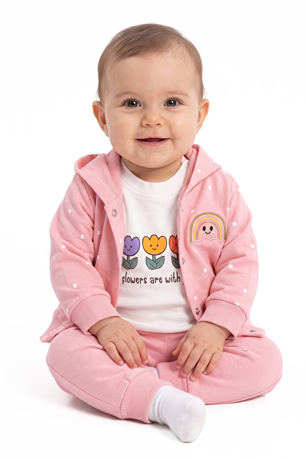 Baby Girl White Pink Tulip Rainbow Patterned Cardigan 3-Piece Set