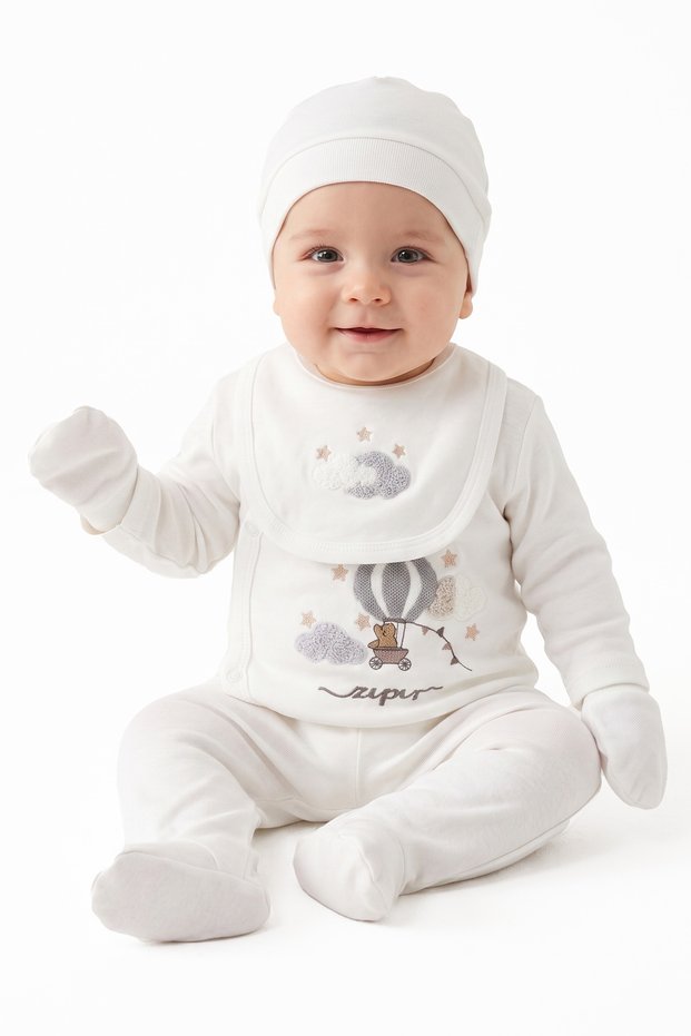 Baby Boy Natural 100% Cotton Ecru Gray Flying Balloon Embroidered 5 Piece Hospital Discharge Set