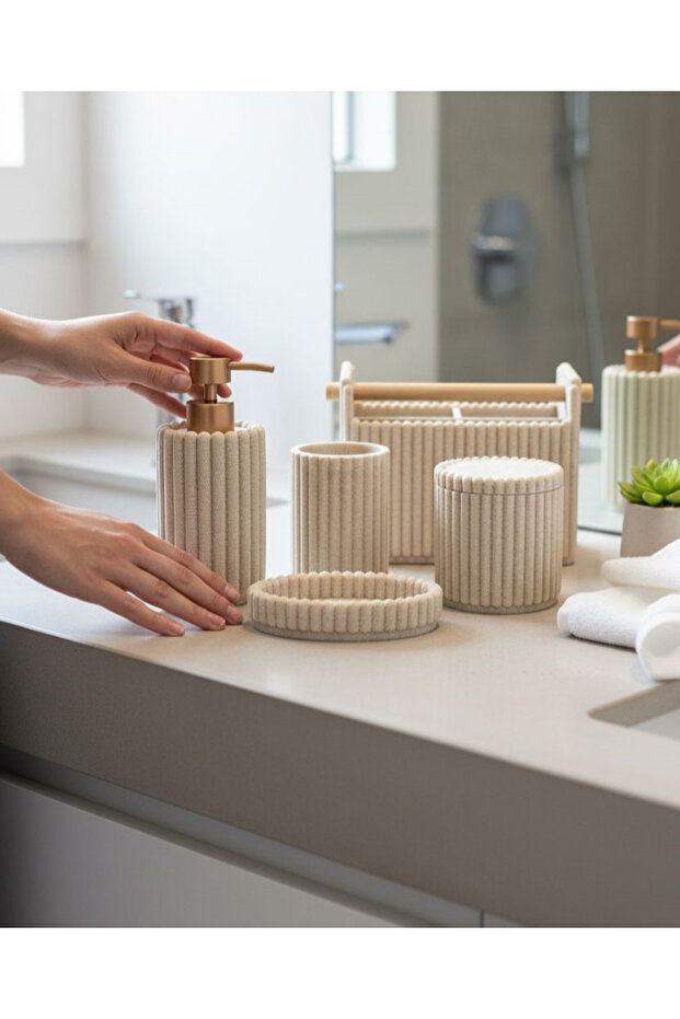 5 Piece Luxury Laduree Lunera Cream Gold Organizer Bathroom Set