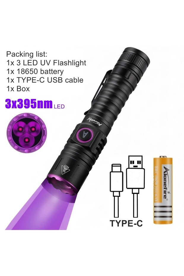 18650 black 3x395nm 15W UV 365nm High Power Blacklight USB Flashlight Invisible Ink Marker Cat Dog U