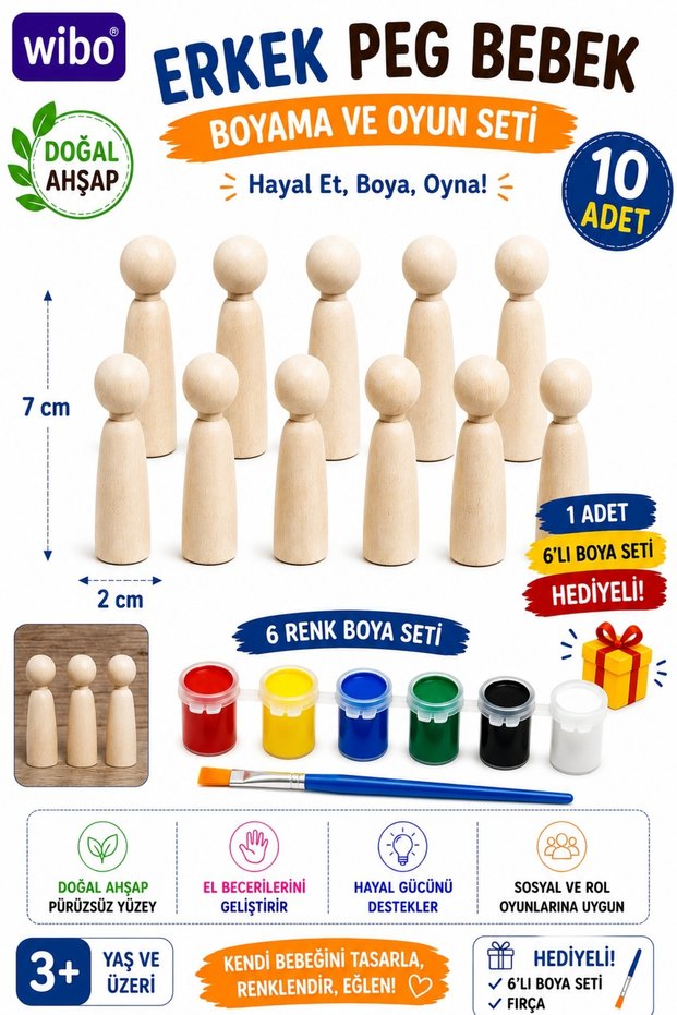Male Peg Doll 10 Pieces Natural Wooden Painting Figure 7 cm 6 Colors Paint and Brush Gift