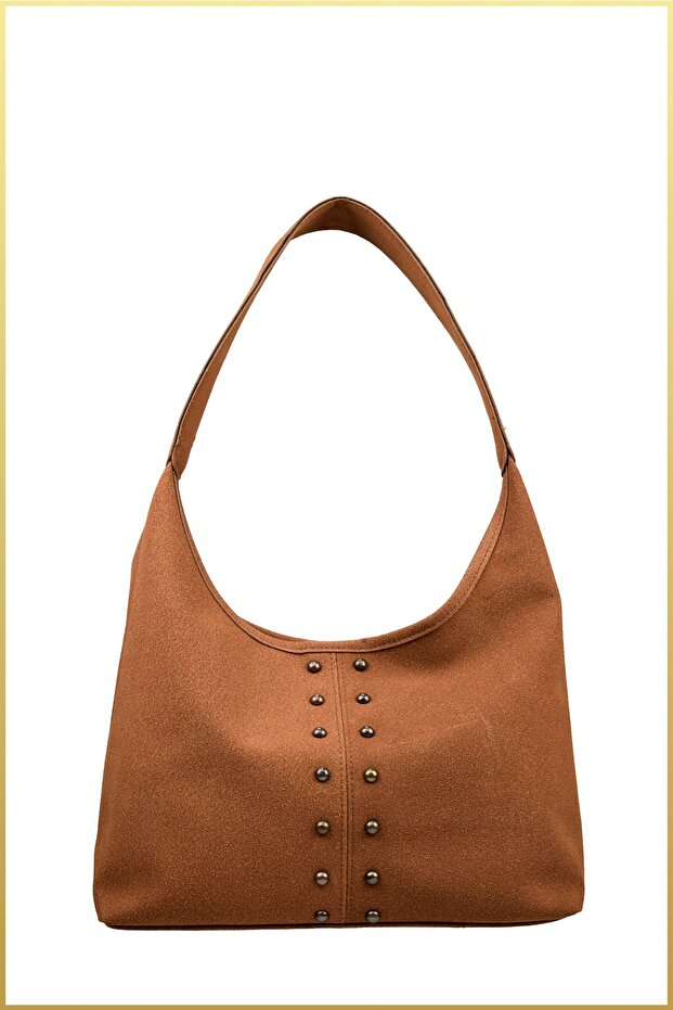 Women's Studded Detailed Suede Hand and Shoulder Bag - Tan