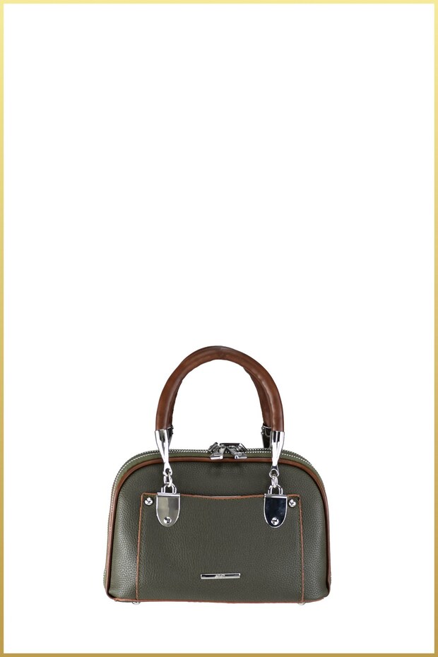 Women's Hand and Shoulder Bag with Metal Strap Accessories - Khaki