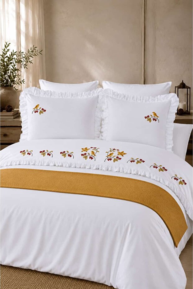 Flora Bird Embroidered Ruffled 100% Cotton Runner 7 Piece Double Duvet Cover Set