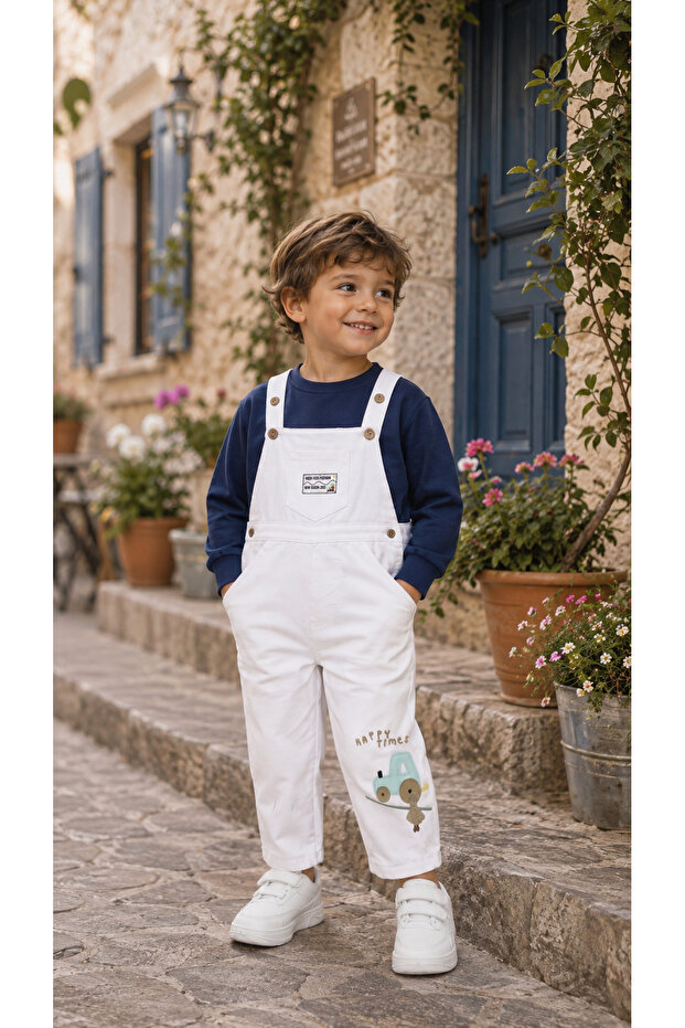 Boy's Tractor Embroidered Gabardine Salopet Set – Sweatshirt and Suspender Overalls 2-Piece Set