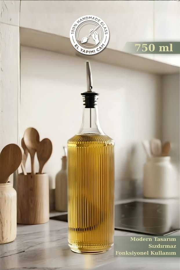 Selen Concept Yalın Model Large Size Handmade Glass Oil Pot and Vinegar Dispenser