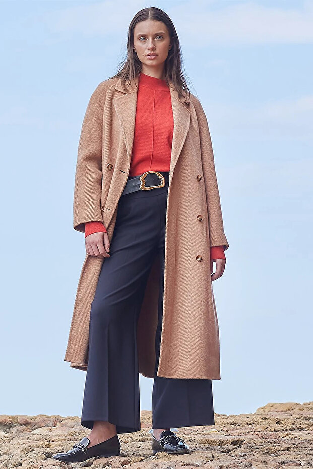 Premium Wool Raglan Sleeve Belted Coat Camel