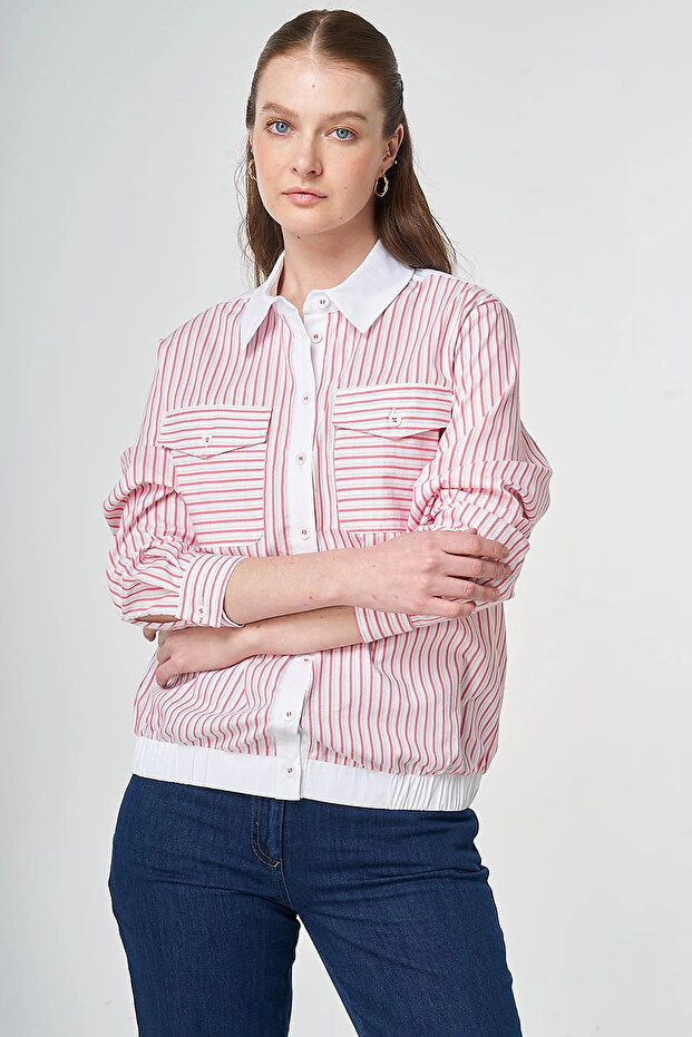 Stripe Pattern Cotton Blouse Fuchsia