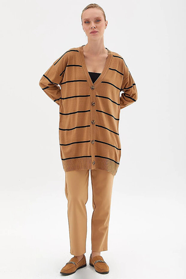 Striped Knitwear Cardigan Beige Black