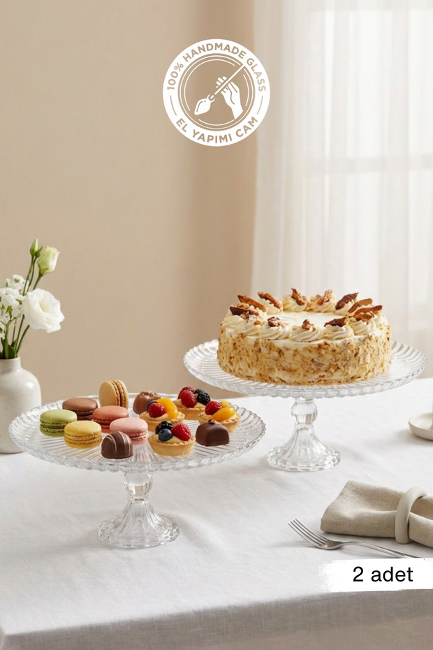 Selen Concept Damla Model Footed Glass Round Cake and Pastry Presentation Set of 2
