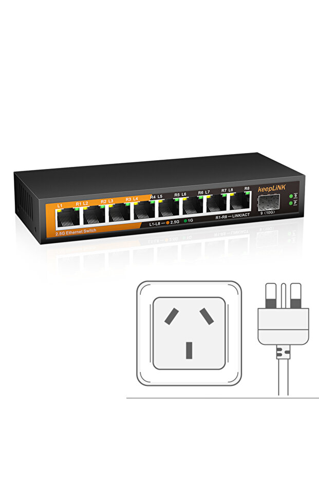 مفتاح التبديل مع قابس AU KeepLiNK شبكة إيثرنت 2.5 جيجابت في الثانية ذات 8 منافذ مع قابس SFP+ غير مُدار بسرعة 1-10 جيجابت وPl