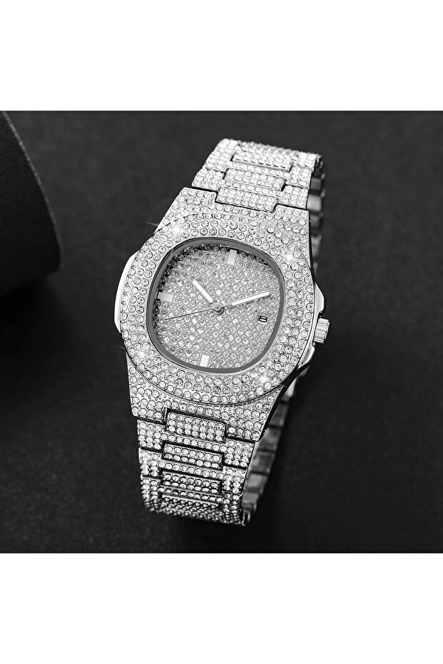 Silver 2026 Full Sky Star Waterdrop Quartz Watch with Full Diamond Band for Men and Women, Light Lux