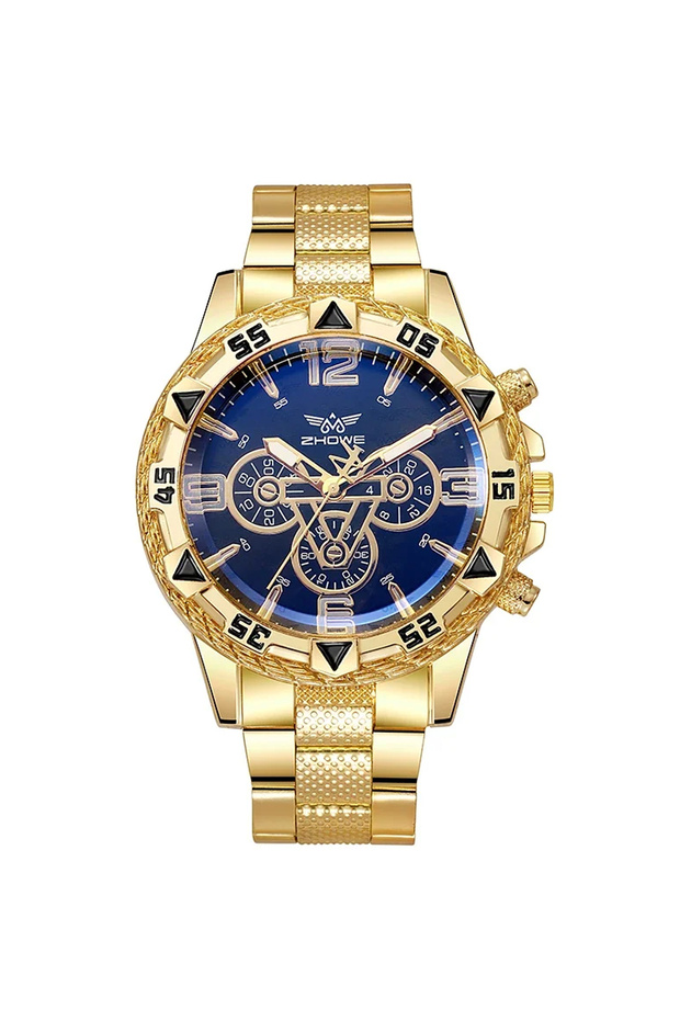 Coffee Large dial gold watch, blue light men's watch, men's watch, steel strap quartz watch