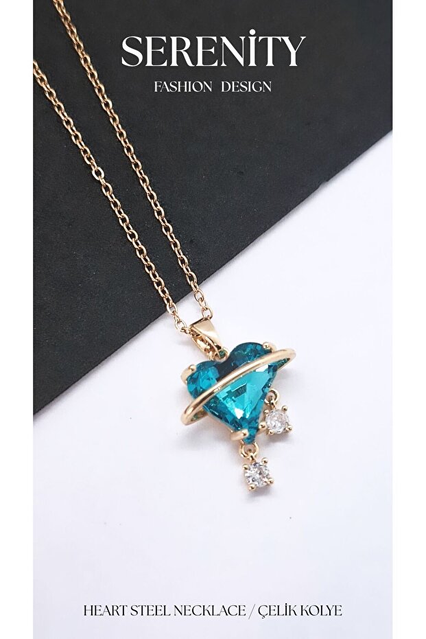 Blue Heart Steel Necklace with Saturn Ring