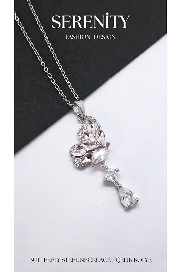 Drop Zircon Stone Butterfly Wing Steel Necklace