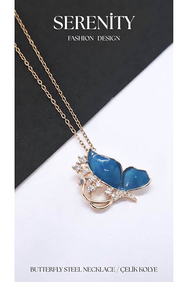 Enamel Zircon Stone Butterfly Steel Necklace