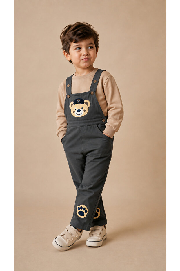 Boy's Teddy Bear Embroidered Gabardine Salopet Set – 2-Piece Set with Long Sleeve Sweatshirt