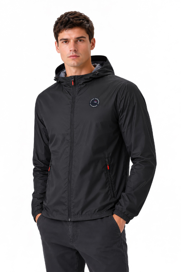 Men's Black Lined Windproof Hooded Sports Raincoat with Pockets