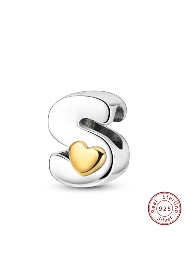 S Classic 925 Sterling Silver 26 Letters A-Z Alphabet Charm Heart Love Letter Bead Fit Bracelet DIY.