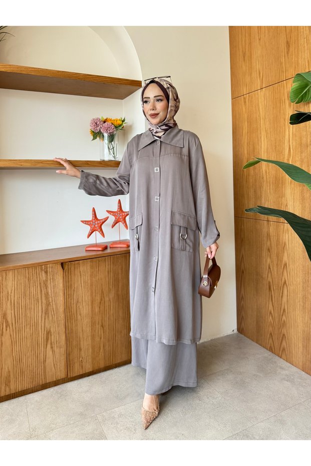 Tencel Shirt with Collar Pockets and Button Detail, Two-Piece Set