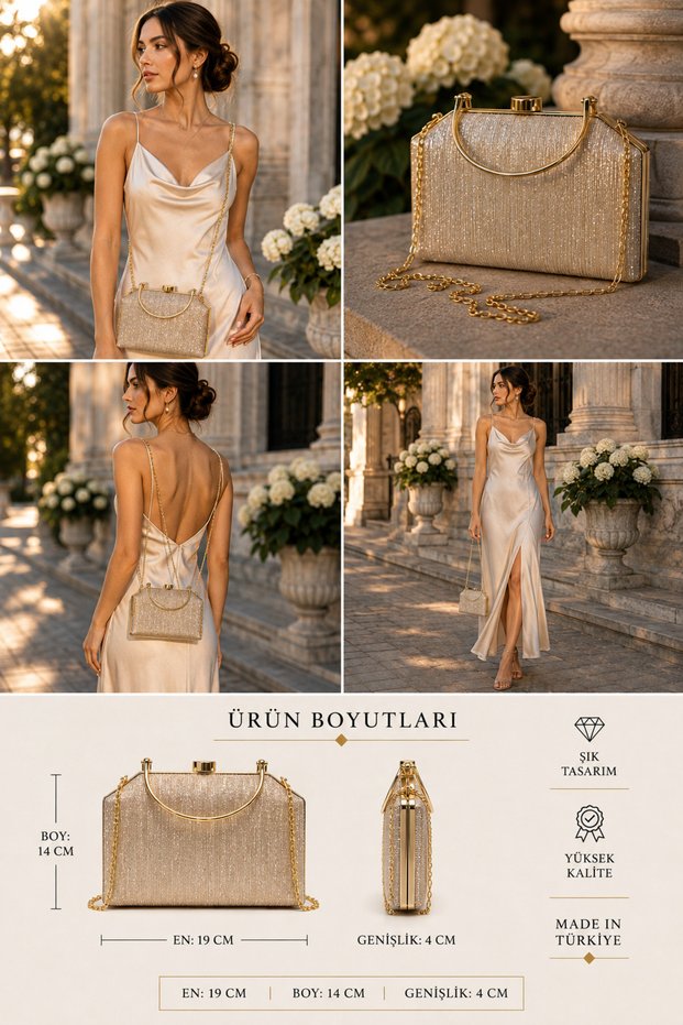 Gold Color Laser Fabric Wavy Glitter Evening Dress Clutch Chain Strap Hand-Held Wedding Engagement Evening Bag