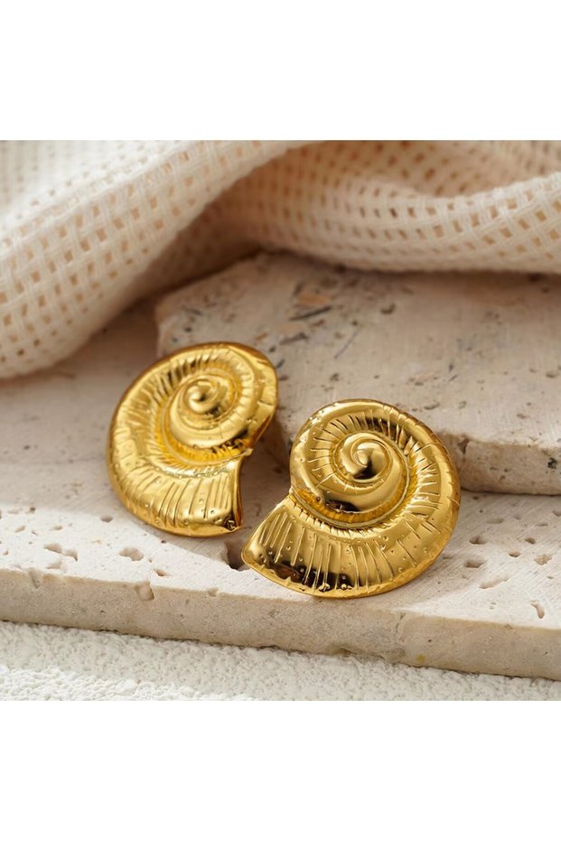 22855 Punk Gold Plated Texture Stainless Steel Snail Conch Shell Earrings for Women Zircon Starfish