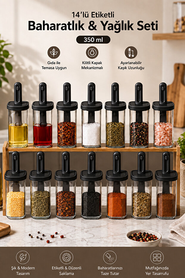 1104 14-Piece Sliding Self-Spoon Leakproof Lid Labeled Spice Set - Storage Container
