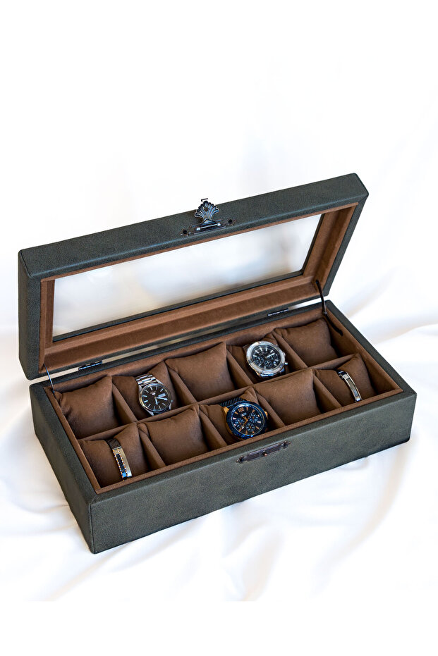 10-Piece Watch Box, Green Nubuck Fabric Covered, Special Production, Handmade, Accessory Organizer