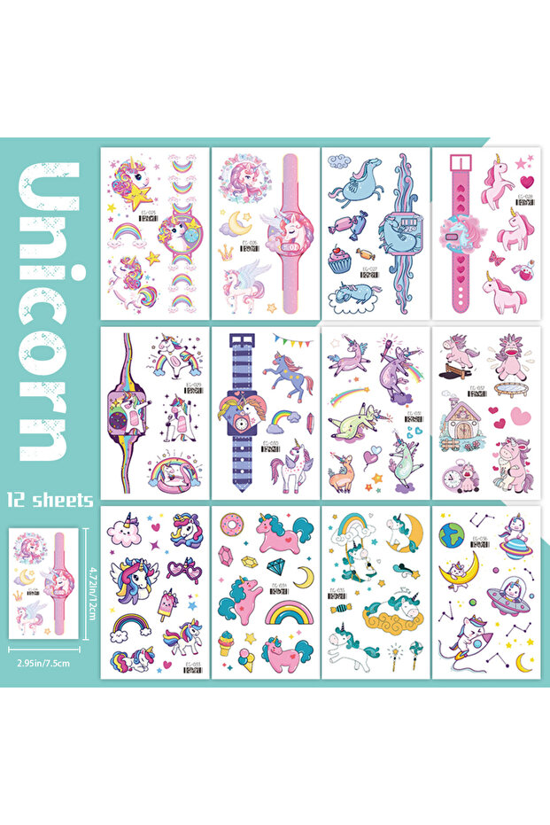 12 Sheets Unicorn-B 12 Sheets Glitter Pink Unicorn Temporary Tattoos, Glitter Styles Waterproof Shin
