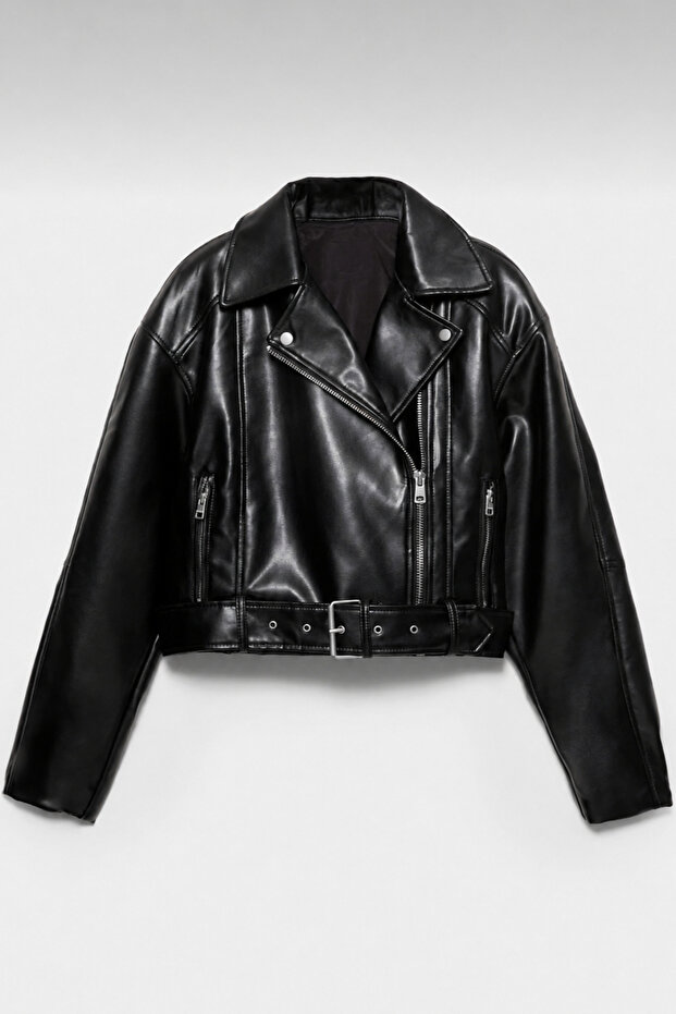 Women's Belted Oversize Cropped Leather Jacket | New Season Biker Jacket