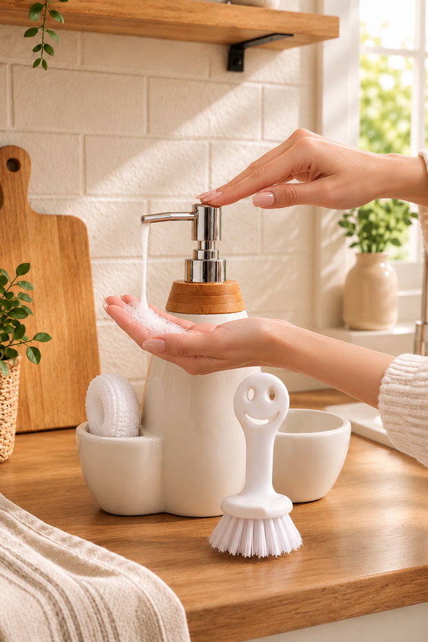 5310825 Countertop White Liquid Soap Dispenser Porcelain Soap Dispenser with Brush and Sponge 700ml 28cm