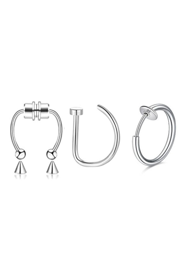 H8-3Pcs-Silvery 3Pcs Fake Nose Ring Magnetic Septum Ring Fake Nose Ring Hoop Stainless Steel Horsesh