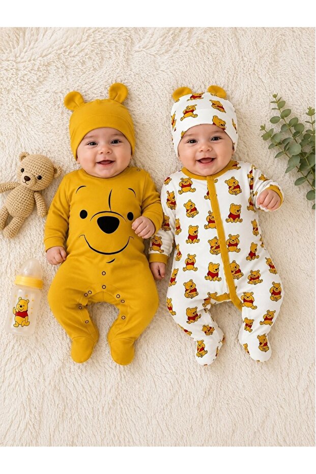 Teddy Bear Print Patterned 2-Piece Newborn Baby Romper Set with Hat My-1062MC
