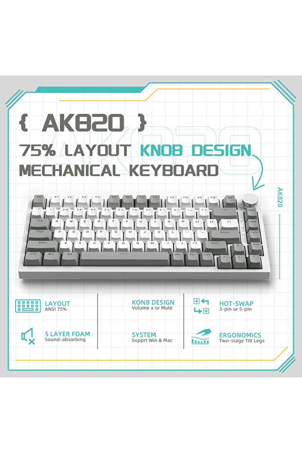 Ajazz White Gray wired AJAZZ AK820 Wired With Rotary Volume Buttons Hot-Swappable Keys For Office An