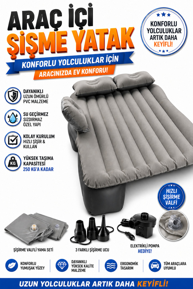 Gray Color Auto Inflatable Mattress Car Back Seat Bed Double Camping Bed