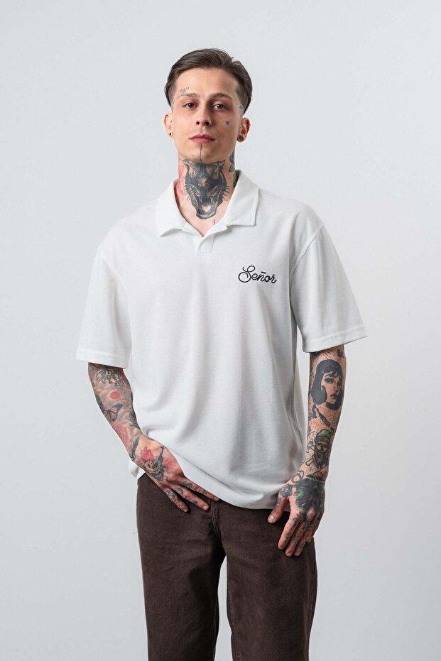 Men's Senor Written Polo Collar Regular Fit T-Shirt Ecru